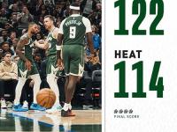 NBA常规赛：雄鹿122-114击败热火,字母哥利拉德合砍58分,希罗空砍35分