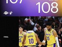 NBA常规赛：湖人107-108惜败热火,雷迪什错失绝杀！詹姆斯30分,浓眉伤退